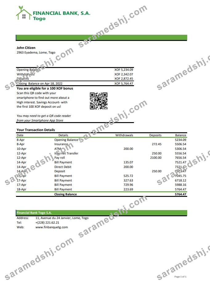 Togo Financial Bank statement xls